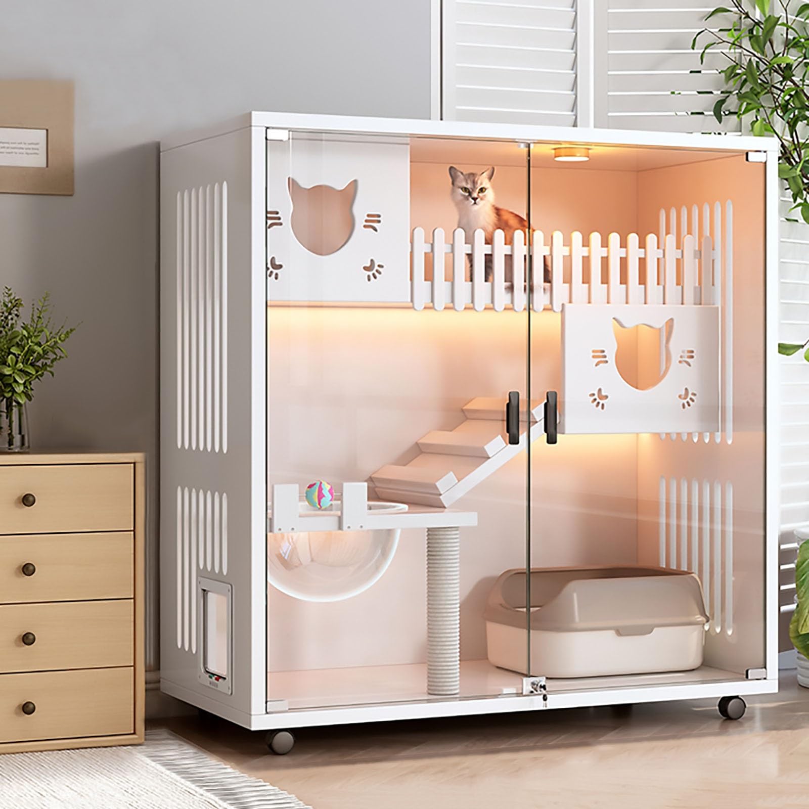 Amazon.co.jp: ガラスドア付き猫ケージ、猫ヴィラ、キャットステップ